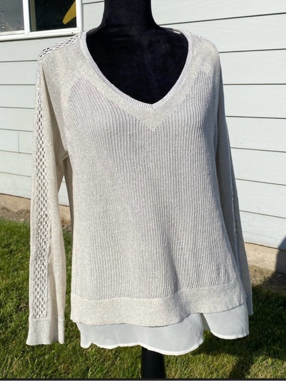 Lucky Brand 2fer V-Neck knit Sweater layered w/attached blouse